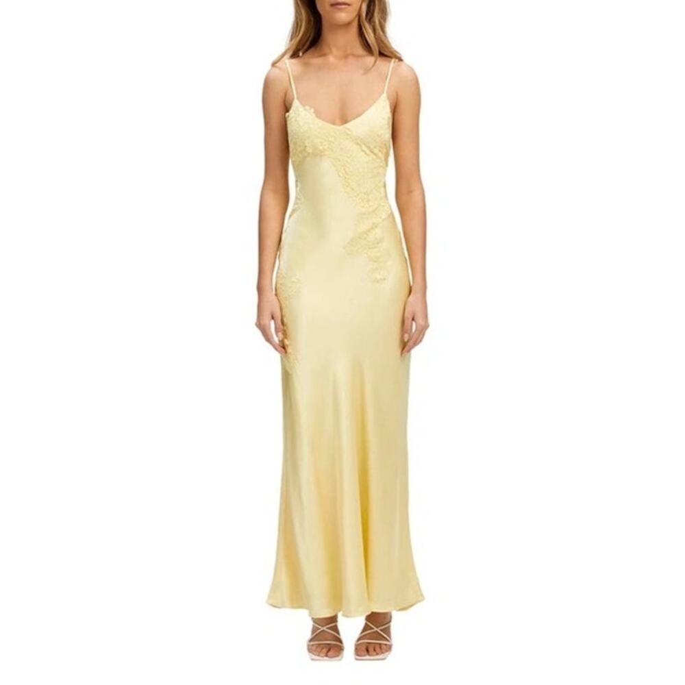 Bardot (S) Avoco Lace Trim Satin Midi Slip Dress Canary Yellow Bias Cut 90s Vibe